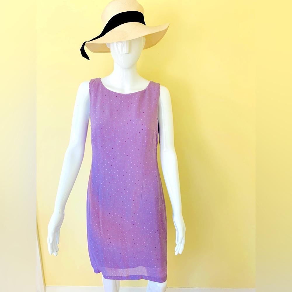 Light purple violet color sheer rayon mini straight dress tiny polka dots size M